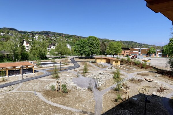 Neu gestalteter naturnaher Aussenraum mit Schulgarten.