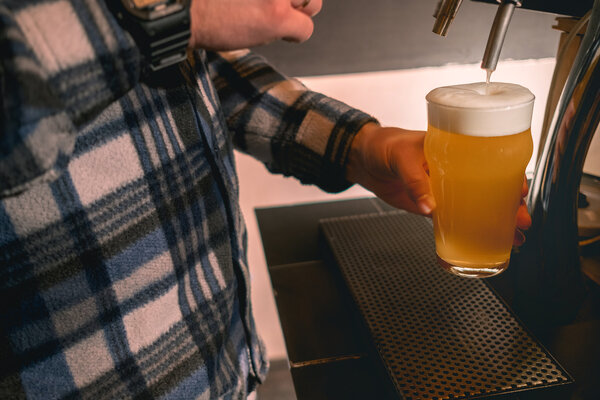 Bartender holding glass of beer under dispenser tap ready to serve to guest