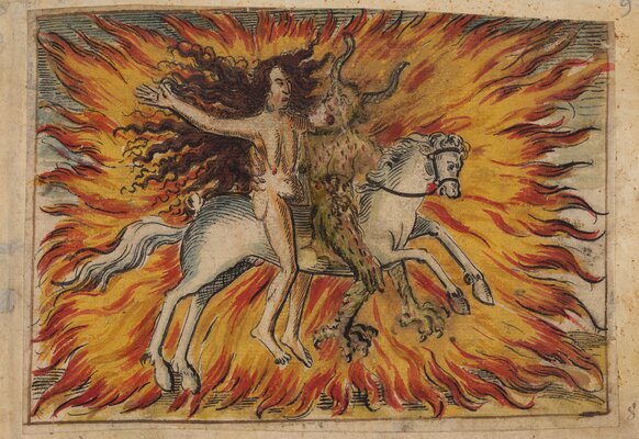 Darstellung einer angeblich mit dem Teufel verbündeten Frau zu Pferd, um 1560. ⋌zVg
