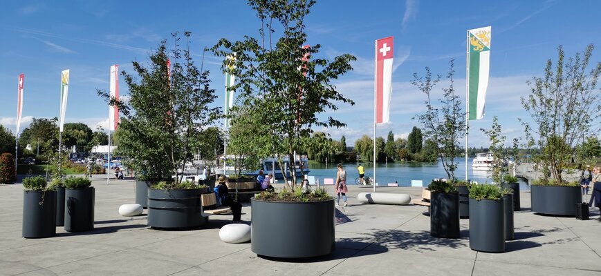 Eine Stadtinsel steht am Hafenplatz.