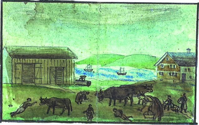 Die Hungertafel zeigt ein seltenes Ereignis: Die Menschen waren in der Ostschweiz gezwungen, mit dem Vieh auf den Weiden zu grasen. ⋌© Toggenburger Museum Lichtensteig